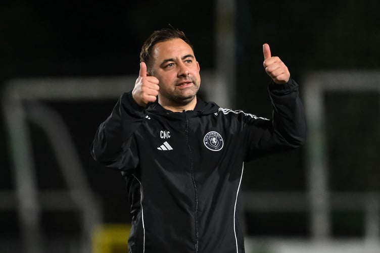 NEWTOWN, WALES - 07 MARCH 2025: Callum McKenzie Head Coach of Newtown AFC gives the thumbs up during the pre-game warmup ahead of the 2024/25 JD Cymru Premier fixture between Newtown AFC & Flint Town United at Latham Park, Newtown, Wales (Pic by Craig Thomas / FAW)