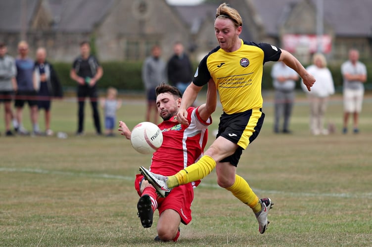CHIRK, WALES - 29th AUGUST 2022 - Caleb Davies and Rhys Alun Williams during Chirk AAA FC vs CPD Porthmadog FC in the JD Cymru North Bank Holiday game at Holyhead Road, Chirk