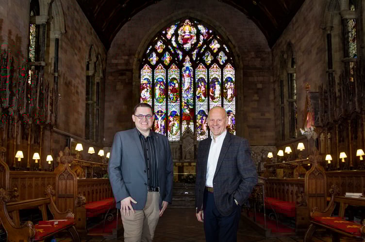 Royal composer Paul Mealor, artistic director of the North Wales International Music Festival, with sponsor Mario Kreft MBE, at St Asaph Cathedral. Photo: Mandy Jones