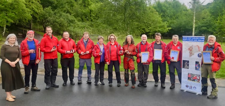 Liz Saville Roberts MP with members of North Wales Cave Rescue at their training session in Dol Moch, Maentwrog
