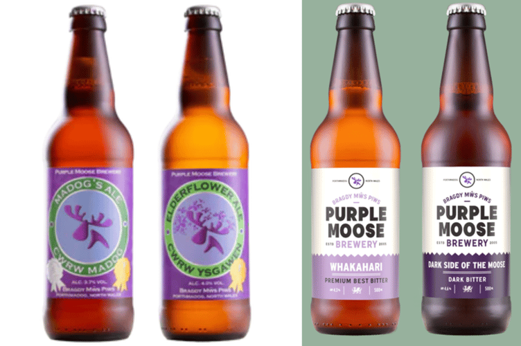 Purple Moose brewery's redesign, on the right, compared to some of their previous bottle designs on the left. Photos: Purple Moose