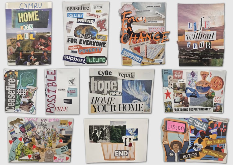 Workshop participants created collages to convey what peace in Wales means to them