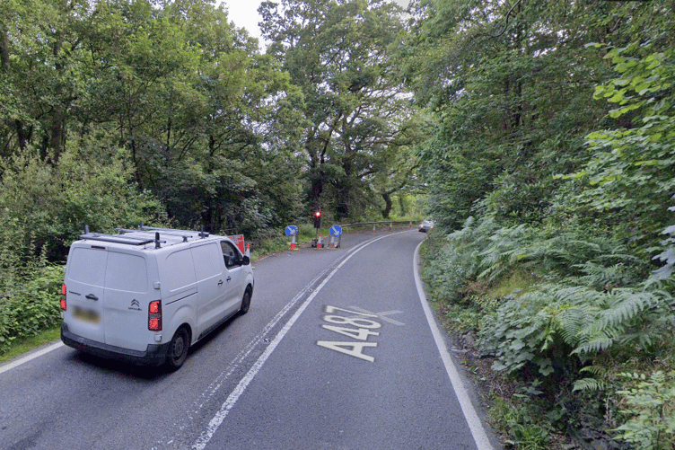 The temporary traffic lights on the A487 near Tre'r-ddol have been in place so long that they now feature on Google Maps Streetview function