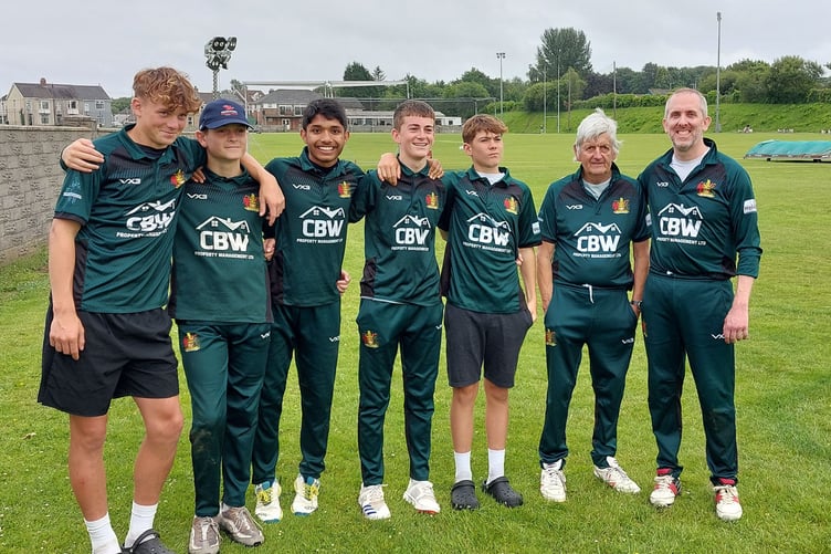 The victorious Aber bowling attack. Left to right: Gruff Sedgwick, Bryn Williams, Aadi Khare, Iestyn Roberts, Aron Bishop, Anthony Evans and Gareth Lanagan
