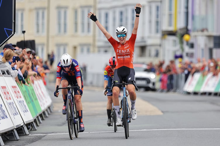 Picture by Alex Whitehead/SWpix.com - 29/06/2025 - Cycling - 2025 Lloyds National Road Race Championships - Aberystwyth, Ceredigion, Wales - Women - Millie Couzens (Fenix-Deceuninck) Wins the Women's Road Race to become National Champion ahead of Pfeiffer Georgi (Team Picnic PostNL) and Anna Henderson (Lidl - Trek)
