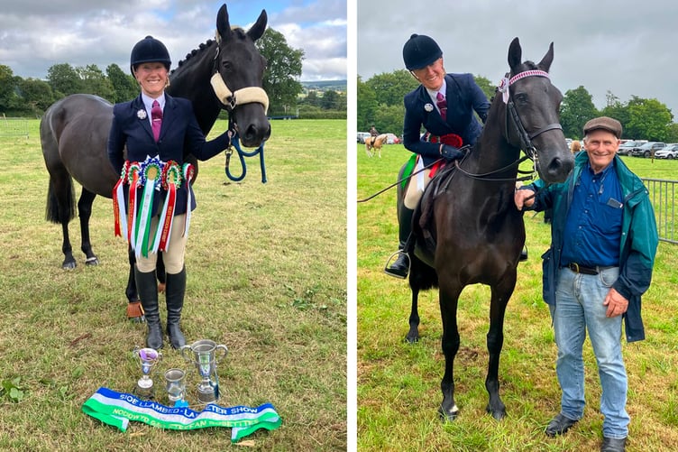 Johanna Shaw-Evans and Zara with their haul of awards at Lampeter Show; right, the pair are pictured with their 'lucky charm' Dafydd Ty Coch (Photo: Gary Evans)