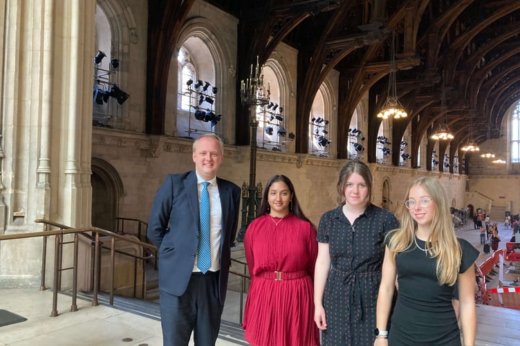 Lleucu Nest (UKYP MYP), Kiani Francis (WYP member) and Bronwen Tuson (Ceredigion Youth Council Chair) with Ceredigion MP, Ben Lake in the House of Commons