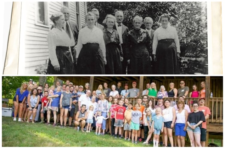 An old and new photo of the Jones' reunions at Tyn Rhos farm