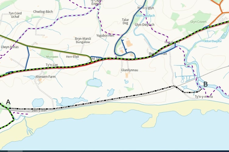Plan showing the area for the proposed new Path. Between points A and B. Image: Gwynedd Council