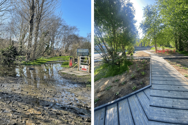 Before and after photographs show part of the dramatic transformation of Plascrug School's outdoor area