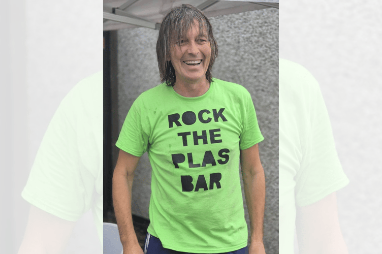 Machynlleth Mayor Jeremy Paige sporting his five-a-side team shirt, 'Rock the Plas Bar'
