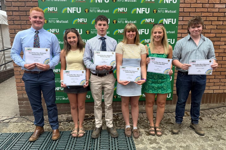 The 2025 Gareth Raw Rees Memorial Travel Scholars at the Royal Welsh Show – Crickhowell’s Bethan Jones (second from left) is one of six young farmers awarded funding to study agriculture abroad
