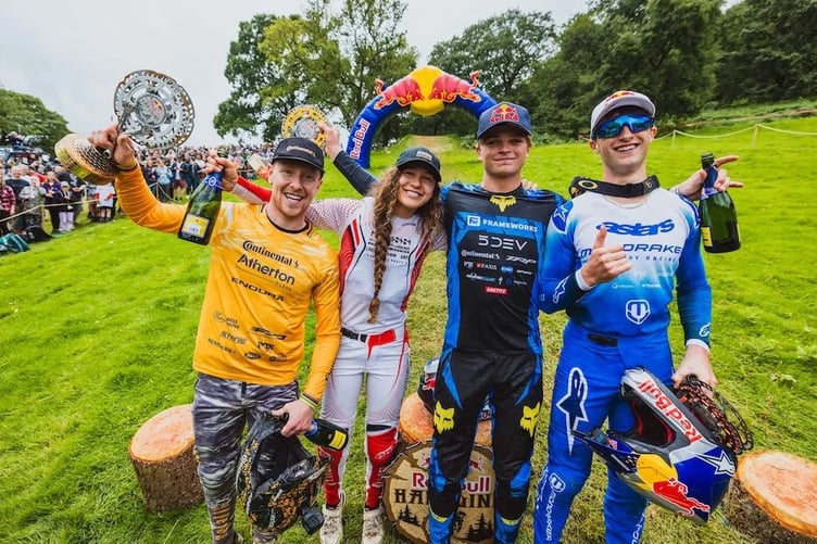 Charlie Hatton, Louise Ferguson, Asa Vermette and Ronan Dunne at the Podium at the Red Bull Hardline in Dinas Mawddwy, Wales on July 26, 2025