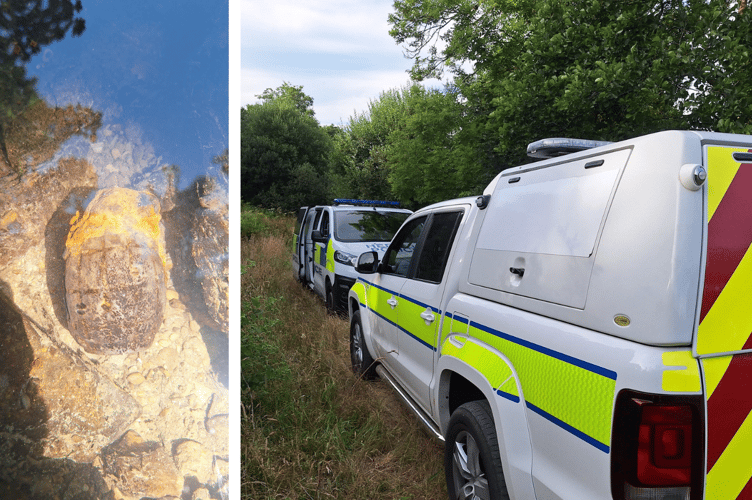 The device, left, and the police in attendance, right. Photos: Dyfed-Powys Police