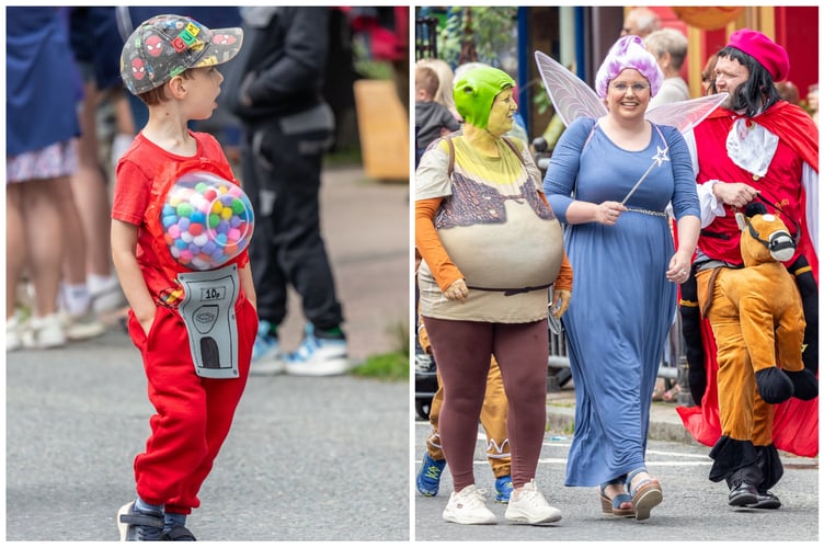 The human gob-stopper machine and the cast of Shrek. Photo: Robert Price Photography
