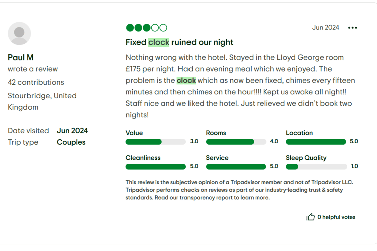 A TripAdvisor review left in June 2024 for the Wynnstay Hotel describes the clock as "keeping us awake all night!!" Photo: TripAdvisor