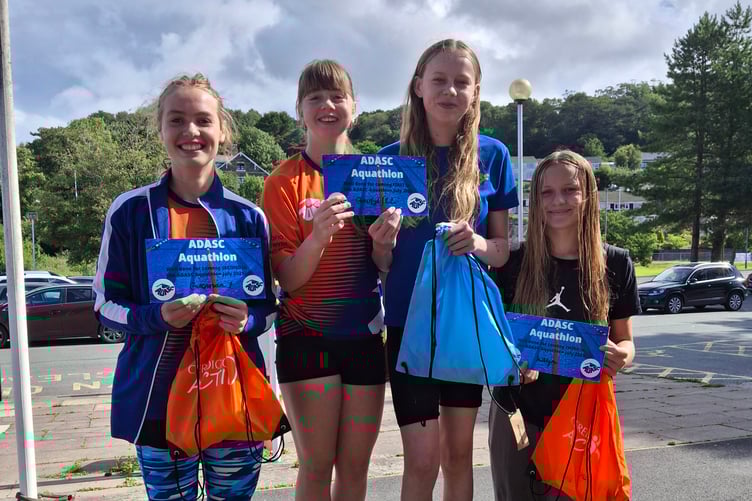 Year 7 and 8 podium winners, Gwerfyl and Lili, Gwennan and Kaya.