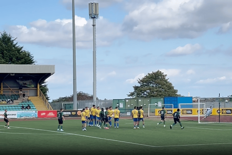 Ben Guest equalising with a corner kick