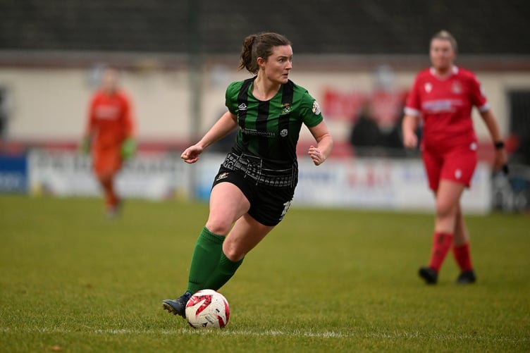 BRITON FERRY, WALES - 15 DECEMBER 2024: Shauna Chambers of Aberystwyth Town Women's in the Genero Adran Trophy Quarter Final fixture between Briton Ferry Llansawel Ladies and Aberystwyth Town Women at Old Road Welfare Ground in Briton Ferry, Wales. (Pic by Ashley Crowden/FAW)