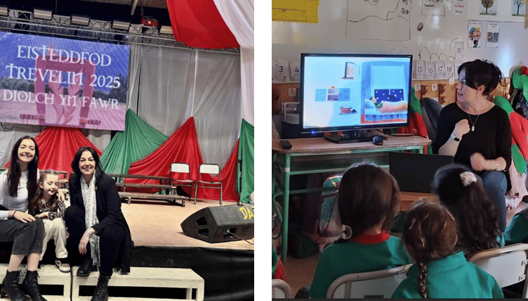 Lleucu Haf with her daughter Eleanor and Anna ap Robert attending the Eisteddfod in Trevelin. R: Anna teaching young people in her class in Gaiman, Patagonia)