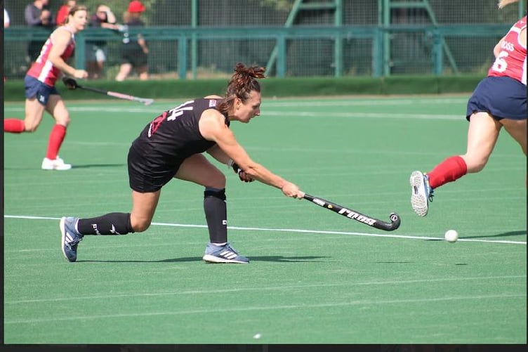 Amelia Dunn from Dysynni Hockey club playing for Wales O40s against England in the Four Nations, Glasgow