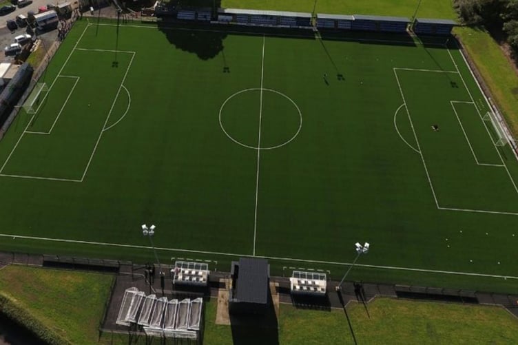 Maes Tegid and existing camera gantry along the northern pitch side (bottom centre of image)