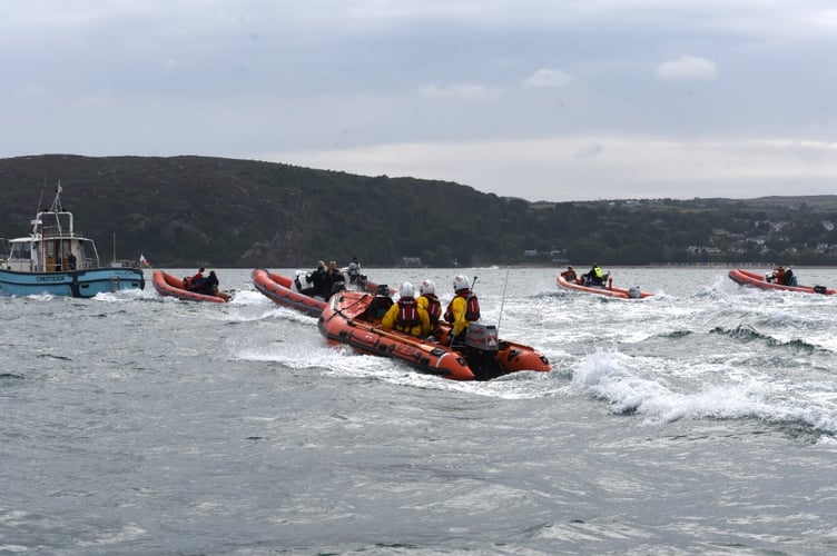 Pwllheli RNLI volunteers join charity RIB ride to raise funds for Bryn Beryl Hospital. Photo: RNLI/Gerallt Williams