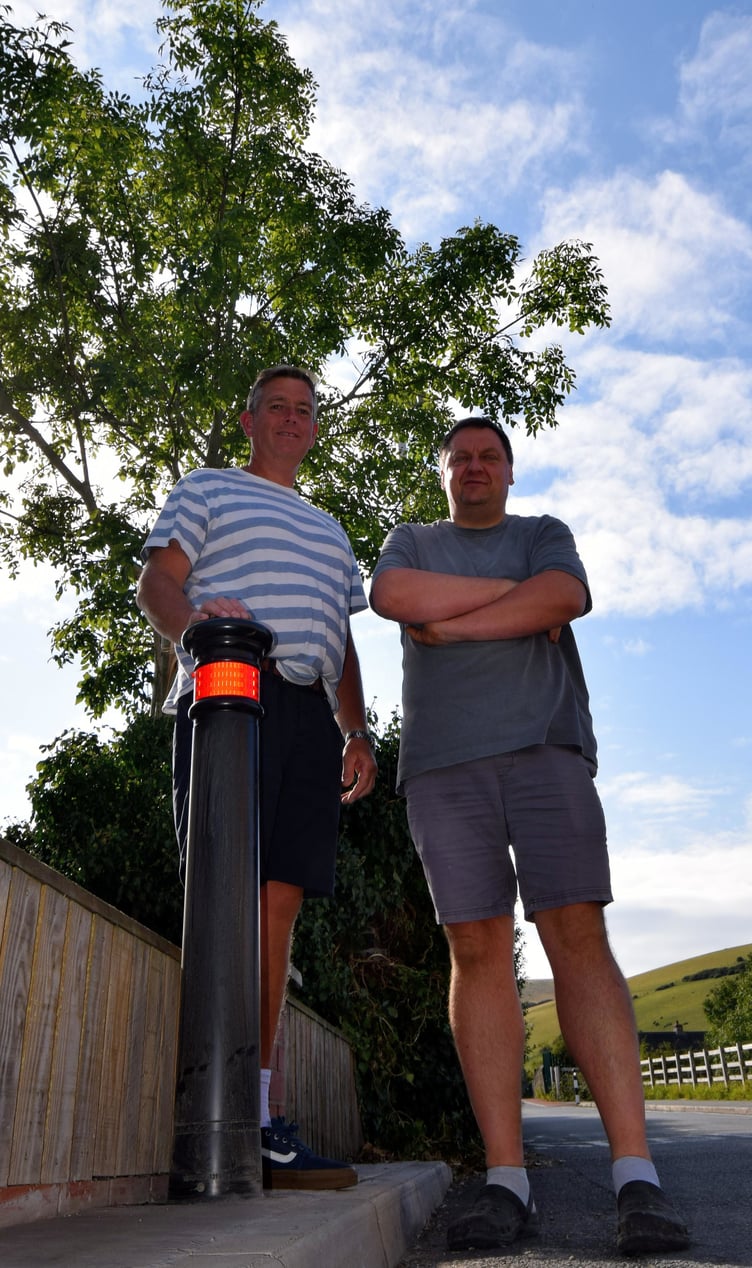 Cllr Gareth Lewis and Pawel Banaszynski want turning restrictions from HGVs on the Clarach Road at Bow Street.