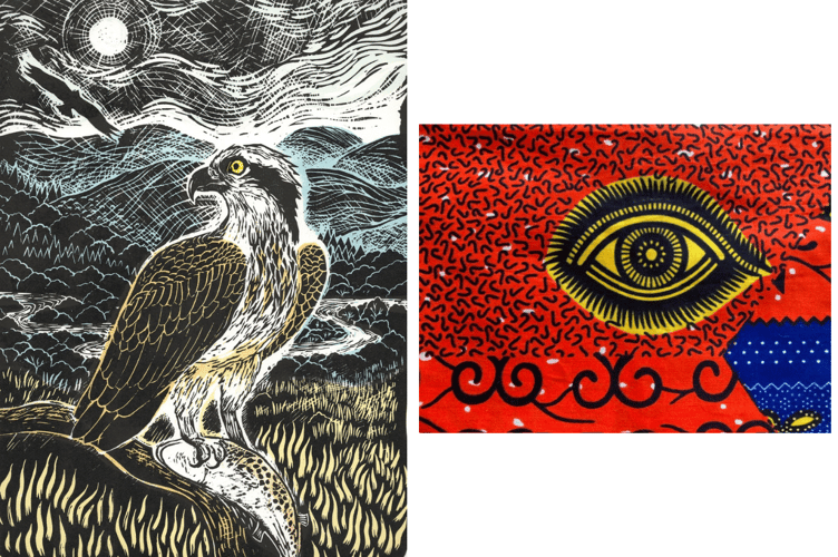 Hannah's Osprey, left, and a West African textile, right