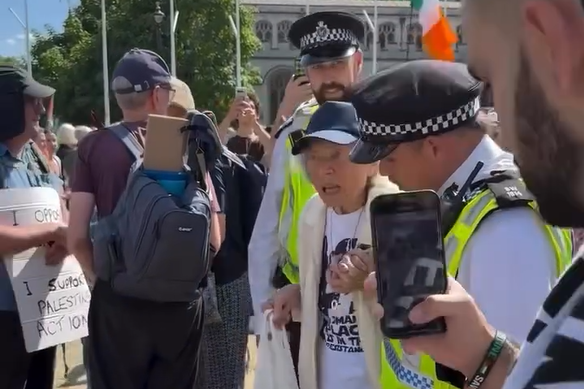 This video captures the moment 80-year-old Elizabeth Morley is arrested by police at a Palestine Action protest in Parliament Square on Saturday 9 August. Video: ukisnotinnocent