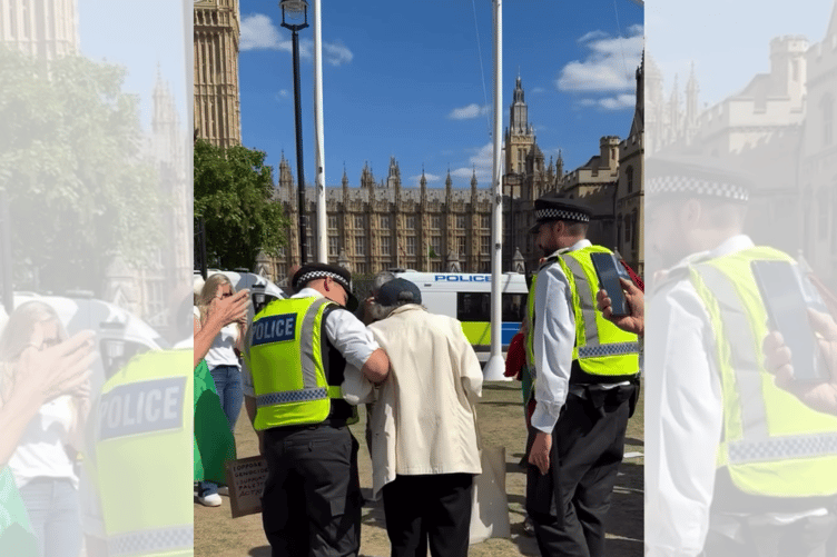 Elizabeth Morley being taken away by police for showing support for proscribed terrorist organisation, Palestine Action. Video: ukisnotinnocent