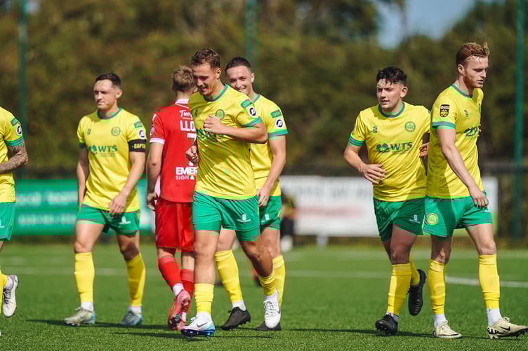 LLANDUDNO, WALES  - 16 AUGUST 2025:Caernarfon Town players celebrating Ryan Sears of Caernarfon Town goal during the JD Cymru Premier 2025/26 fixture Caernarfon Town vs Llanelli Town at Go Goodwins Stadium, Llandudno, Wales (Pic by Jamie Edwards)
