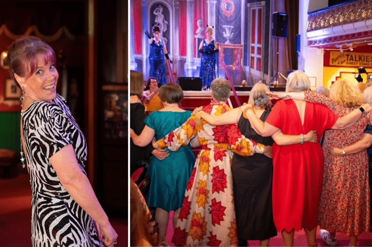 Welsh Frocktails Cymru organiser Tanya Friswell, left, and onstage with the Hornettes, right. Photos: Polly Lovegrove