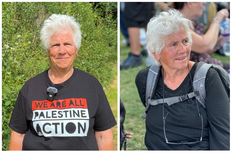 (left) Angie Zelter in an interview wearing a 'We are all Palestin Action' t-shirt, (right) at the Palestine Action protest on 9 Aug. Photos: Angie Zelter/ Zoe Broughton