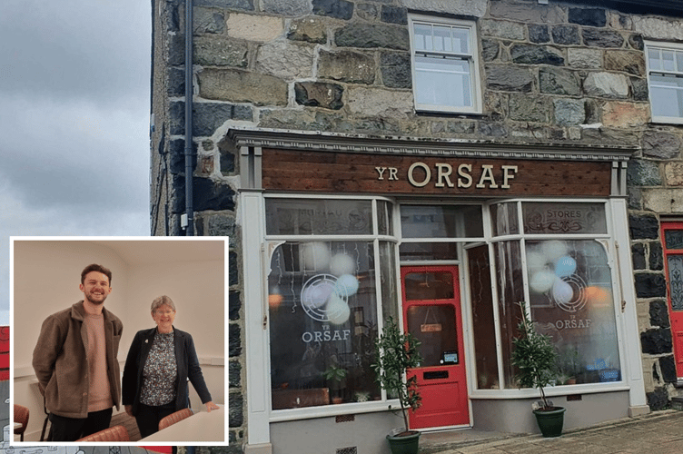 (Main pic) Yr Orsaf, Penygroes and (inset) Cabinet Secretary for Social Justice, Jane Hutt, with yr Orsaf GwyrddNi Community Facilitator, Sion Griffiths. Photos: Welsh Government