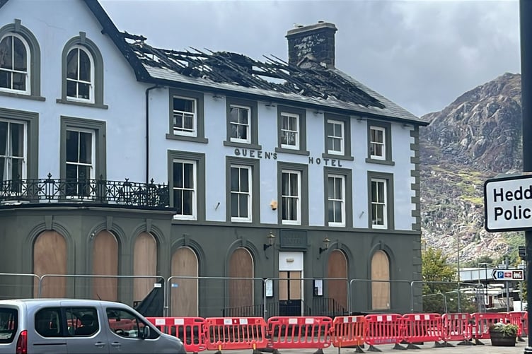 The fire damage visible on the roof of Queens Hotel in Blaenau Ffestiniog. Photo: Anonymous