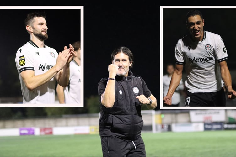 Manager Steve Fisher, John Owen (left) and Hussein Mehasseb (right) celebrate Bala's midweek win at Connah's Quay Nomads