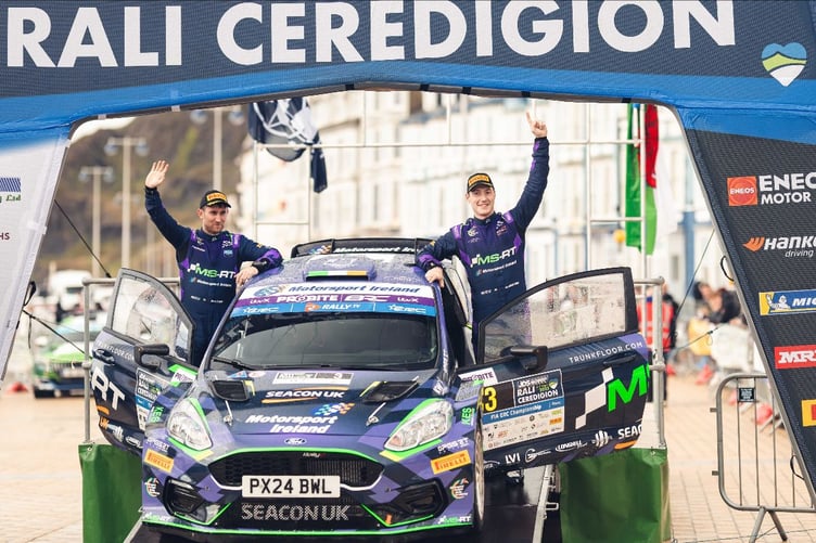 Jon Armstrong and Shane Byrne celebrate their Rali Ceredigion success