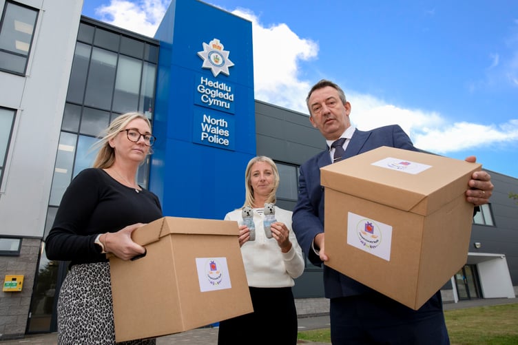 Compassionate Boxes; Pictured ; Police Crime Commissioner for North Wales Andy Dunbobbin with DC Donna Vernon and Sergeant Katie Davies.