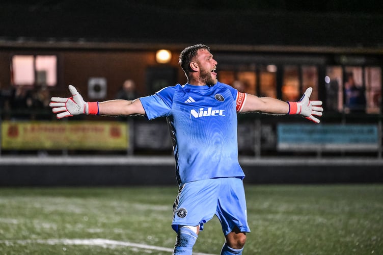 NEWTOWN, WALES - 10 SEPTEMBER 2025: Dave Jones of Newtown celebrates as his side wins the penalty shootout in the Nathaniel MG Cup between Newtown and Bala Town at Latham Park, in Newtown on the 10th September 2025. (Pic by Craig Thomas/FAW)