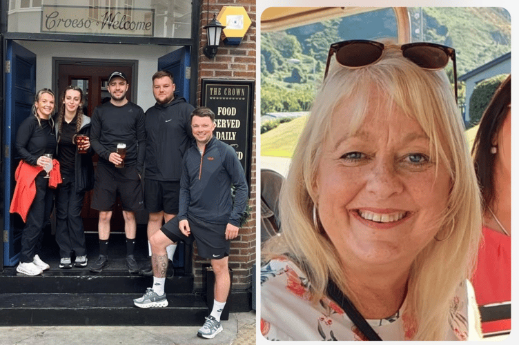 Left: Dylan Parry (far right) and friends outside the Crown pub in Caernarfon after their sponsored walk. Right: Dylan's mum, Mandy
