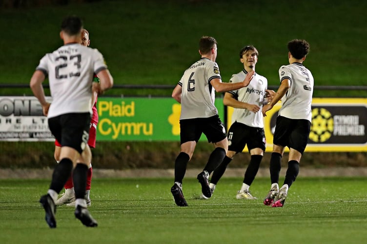 BALA, GWYNEDD, WALES - 19th SEPTEMBER 2025 - Dom McGiveron of Bala Town celebrates his goal during Bala Town vs Briton Ferry Llansawel in Round 8 of the JD Cymru Premier at Maes Tegid, Bala (Pic by Sam Eaden\FAW)
