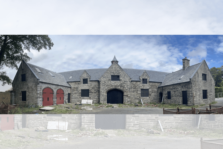 The Stablau Machynlleth Stables courtyard with the new roof and repaired masonry. Photo: Stablau Machynlleth Stables