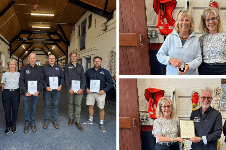 Jo Partner, RNLI Head of Region for Wales and West, presented awards to Andy Gunby, Phill Wood, Lee Oliver, Sion Flynn, Martin Turtle and Dee Hancox. Photos: Abersoch RNLI