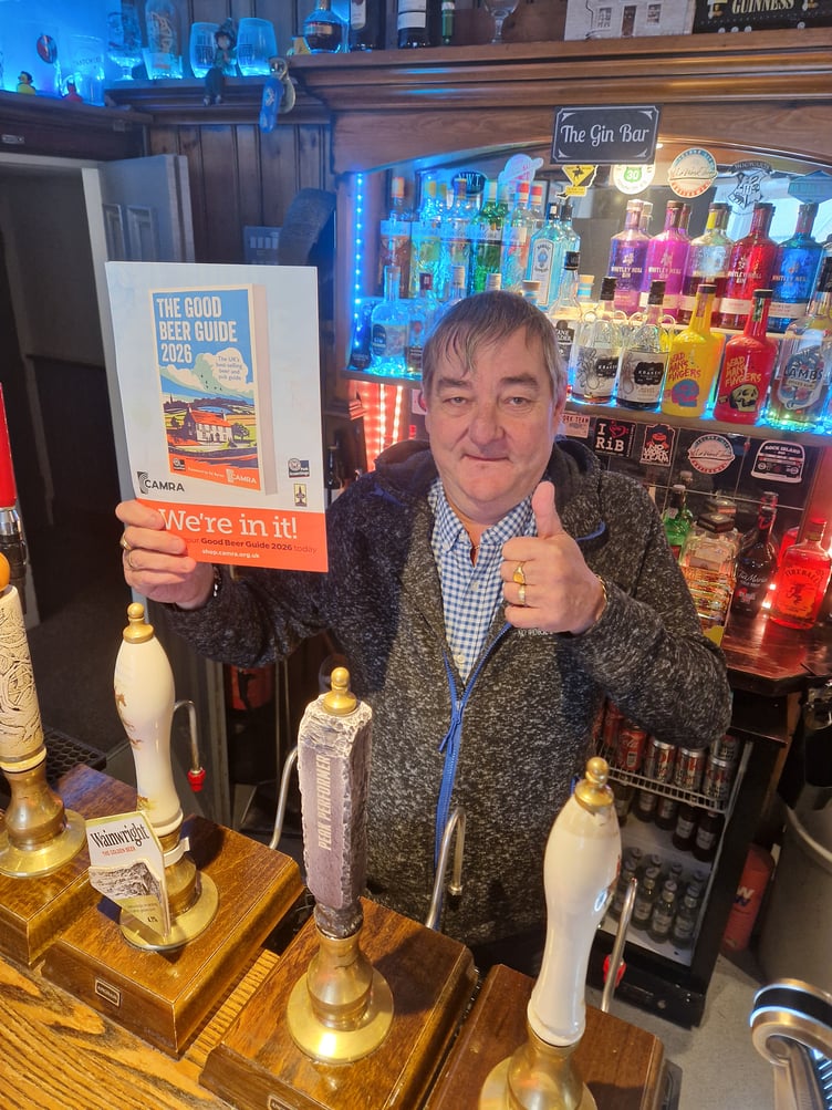 Gareth Pritchard of the White Lion in Talybont gives his thumbs up at being included in the new CAMBRA guide on good beers.