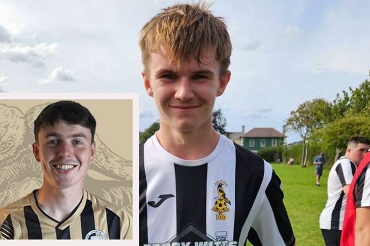 Rhun Davies scored for Lampeter Town Reserves in their 5-3 win against Llechryd Reserves. Inset, Crymych man of the match Ross Mcdonald