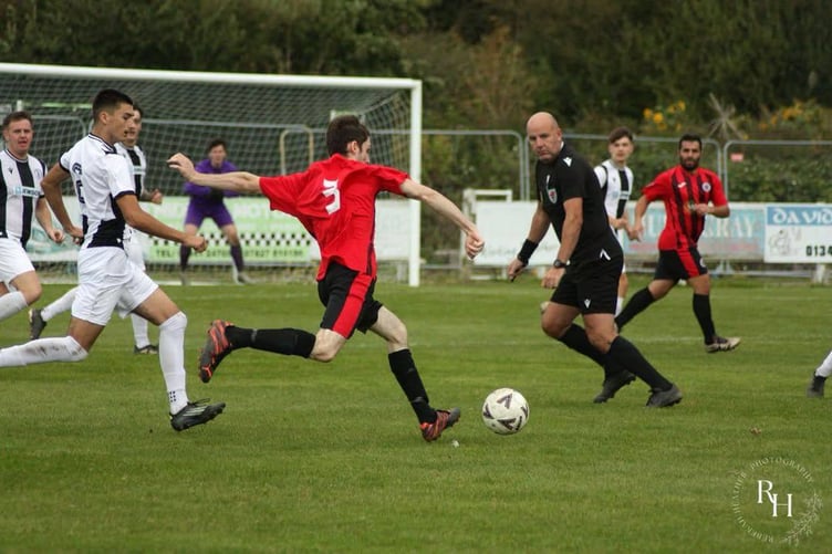 Presteigne St Andrews on the attack against Barmouth (Photo: Rebekah Heather)