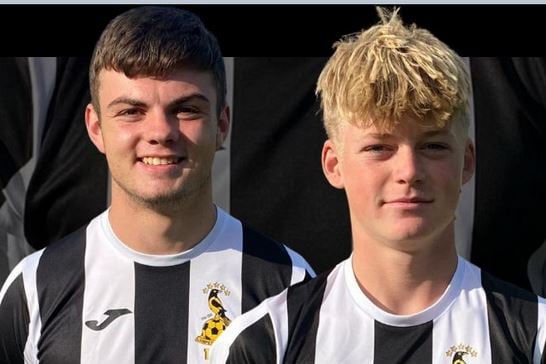 Lampeter goalscorers Rhys Davies and Hari Jones