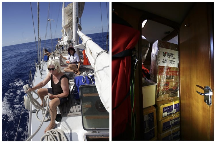 Hannah on the sailing boat which is part of the Global Sumud Flotilla, and the aid they carry. Photo: Global Sumud Flotilla