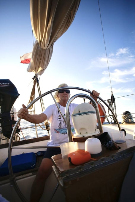 Hannah Schafer from New Quay driving the Hio sailing boat as part of the Global Sumud Flotilla. Photo: Hannah Schafer/ Global Sumud Flotilla